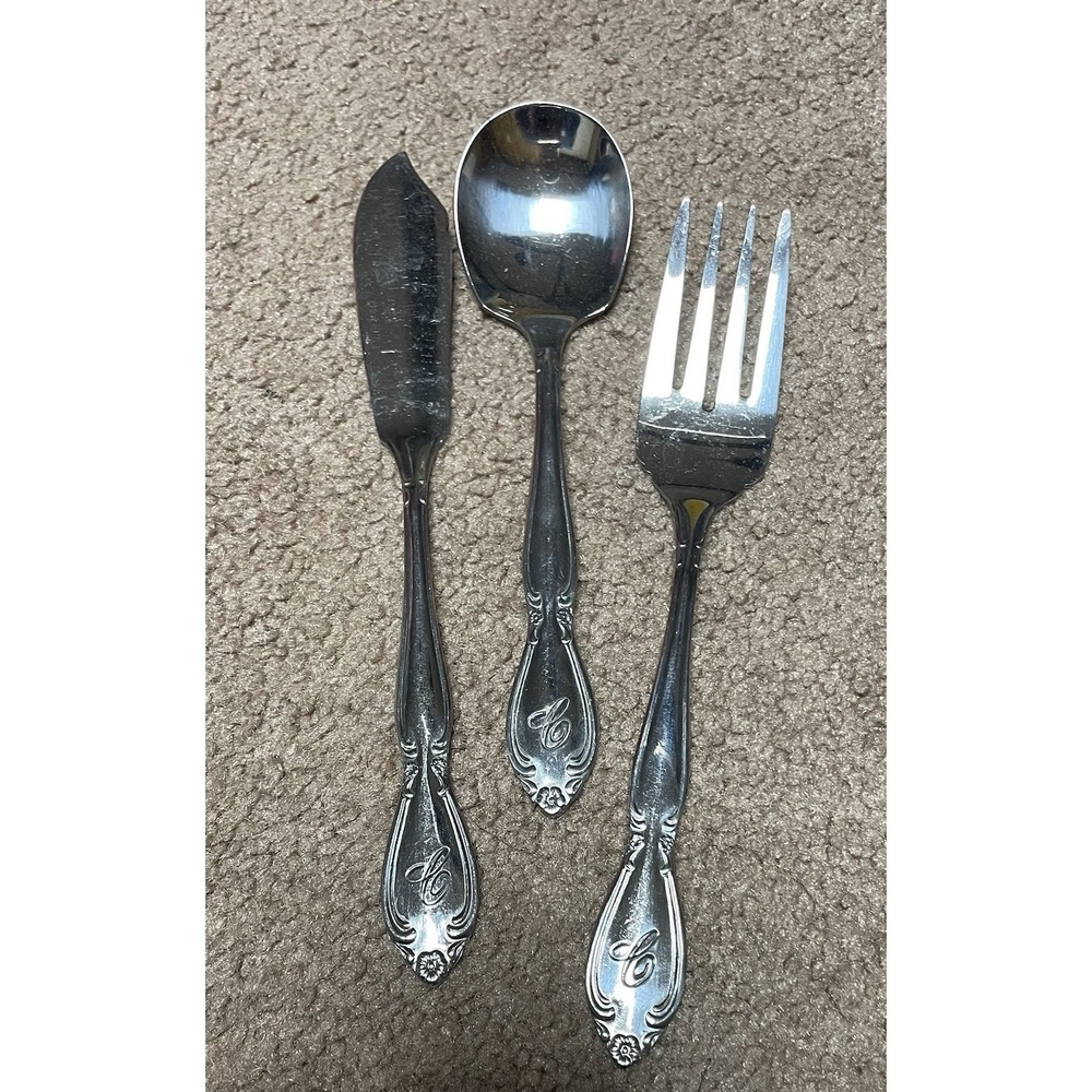 Custom Craft 3 Vintage Stainless Engraved C Serving Floral Spoon Fork Knife
